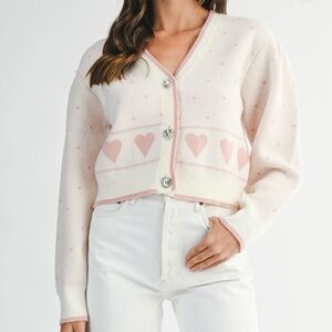 MARBLE Cream and Pink Heart Cardigan Sweater